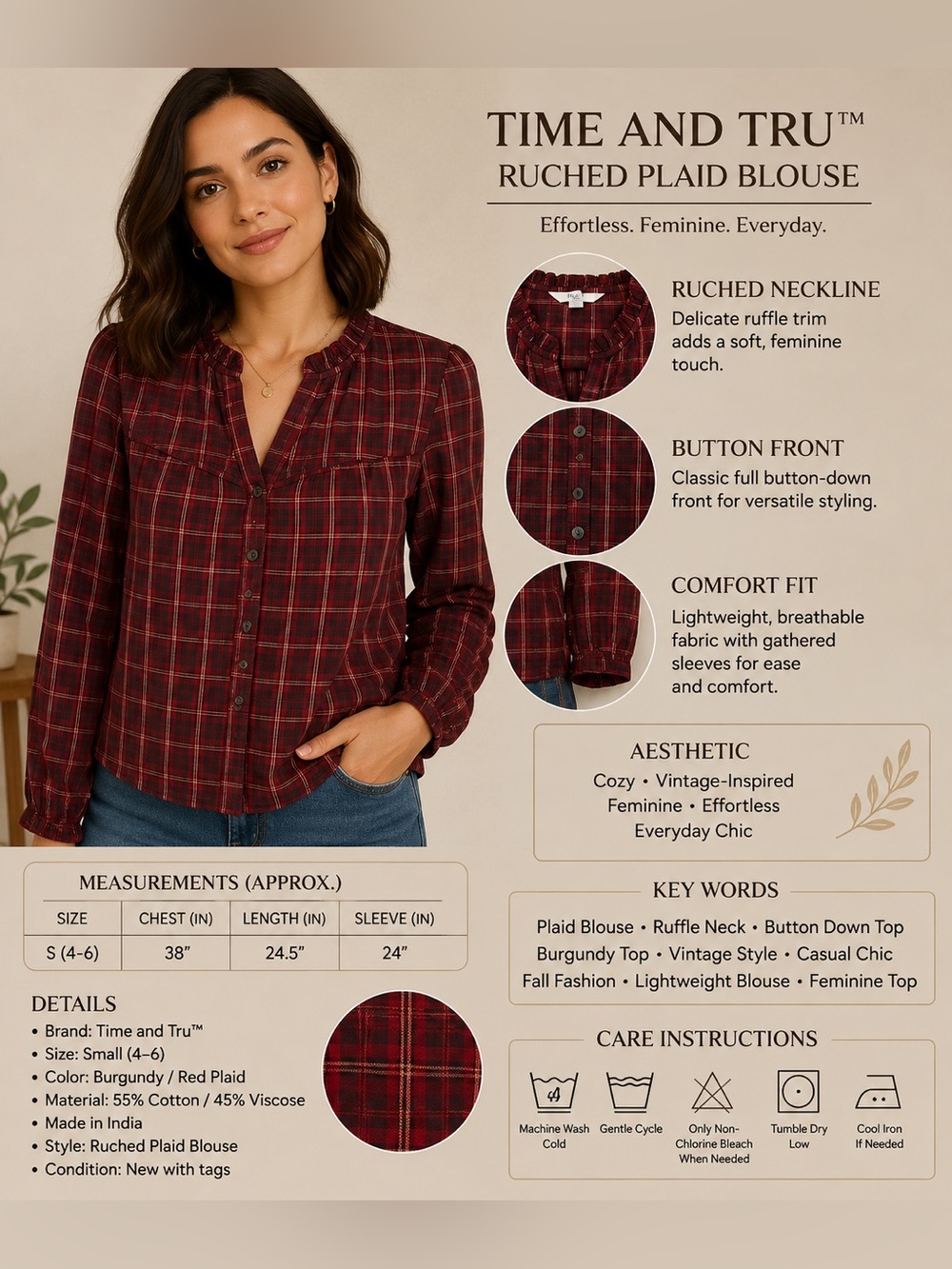 Time and Tru Burgundy Plaid Long-Sleeve Blouse